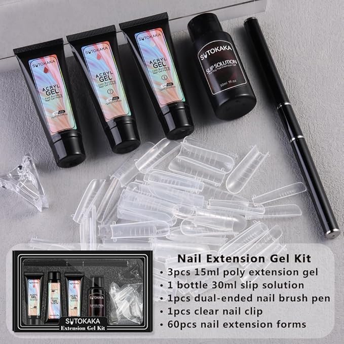 Poly Gel Nail Kit, 3 Colors White Nude Pink with Slip Solution Dual Nail Forms Dual-Ended Brush, Builder Gel Enhancement Starter Kit for Manicure DIY Salon Home Use