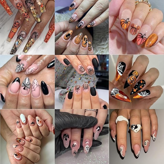 5 Sheets Halloween Nail Art Stickers 3D Self-Adhesive Gold Silver Halloween Nail Decals Glitter Pumpkin Spider Web Bat Ghost Nails Stickers Holiday Nails Art Supplies for Women DIY Manicure Art Kit