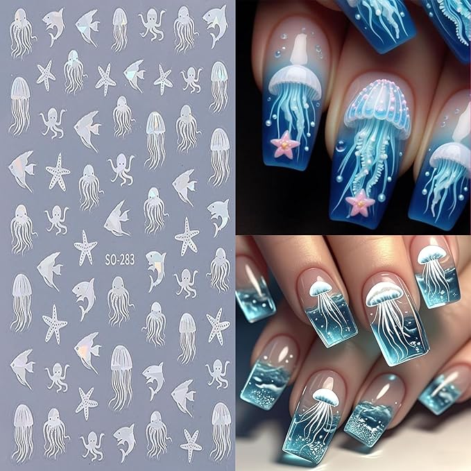 6 Sheets Ocean Animals Nail Art Stickers 3D Self -Adhesive Starfish Jellyfish Nail Decals Holographic Cute Koi Fish Octopus Nail Stickers Summer Nail Decoration for Women Manicure Supplies
