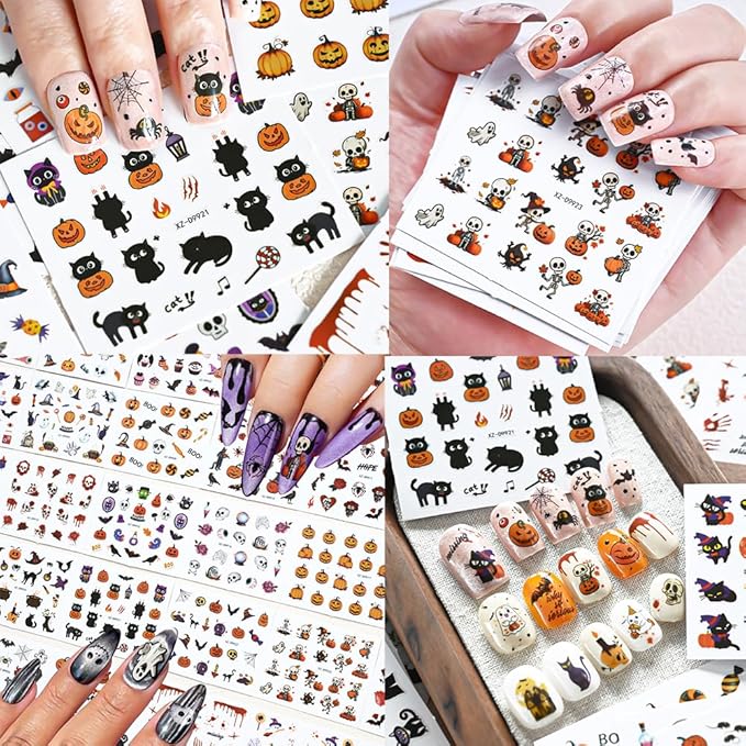 30 Sheets Halloween Nail Stickers for Nail Art, 3D Self-Adhesive Pumpkin Cat Nail Decals, Spider Bloody SkullNail Supplies Design Accessories for Women and Girls Manicure DIY Decoration