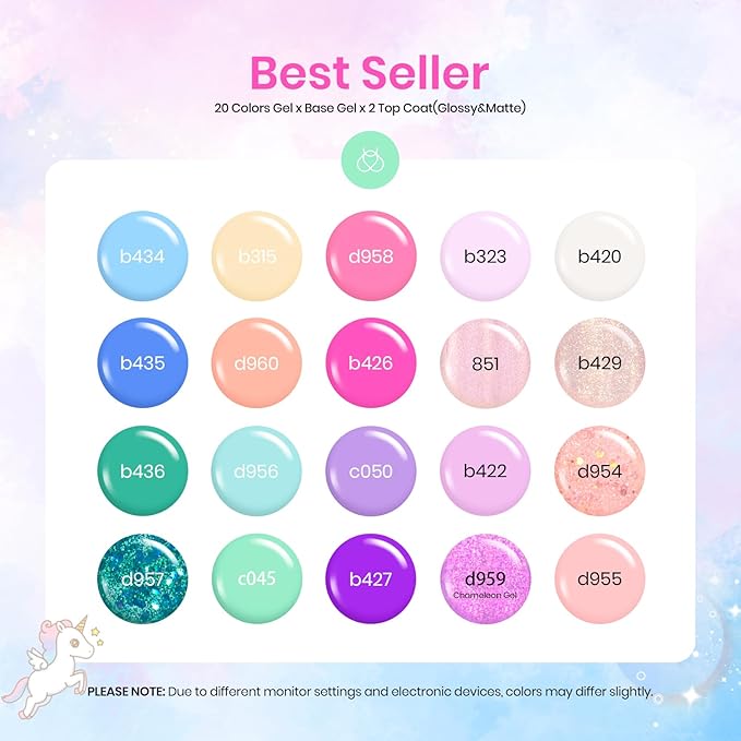 Beetles Purple Gel Nail Polish Set - 20 Colors Hot Pink Purple Shimmer Green Unicorn Bright Glitter Manicure Macaron Collection Pastel Gel Polish Kit with Base Matte Glossy Top Coat