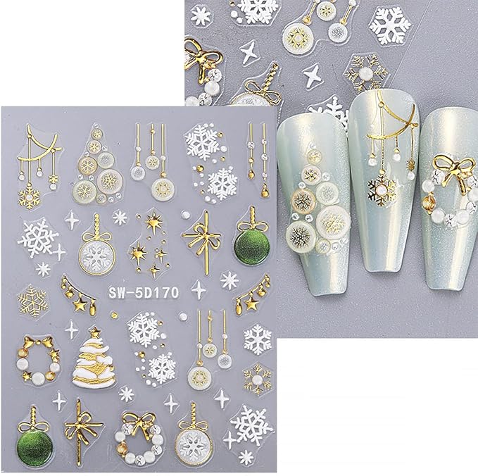 2 Sheets Christmas 5D Embossed Nail Art Stickers for Xmas Trees, Gift, Snowman Nail Decals with Gold, Silver Ball, Reindeer, Elk Designs for Women, Cute Winter Stickers