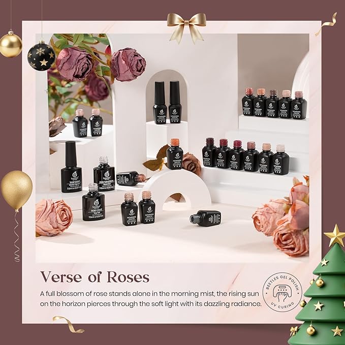 Beetles Fall Gel Nail Polish Set, 23Pcs Brown Burgundy Red Nude Pink Winter Gel Polish Set with Base Top Coat Verse of Roses Kit, Soak off Uv Gel Golden Glitter Holiday Nail Gift for Women