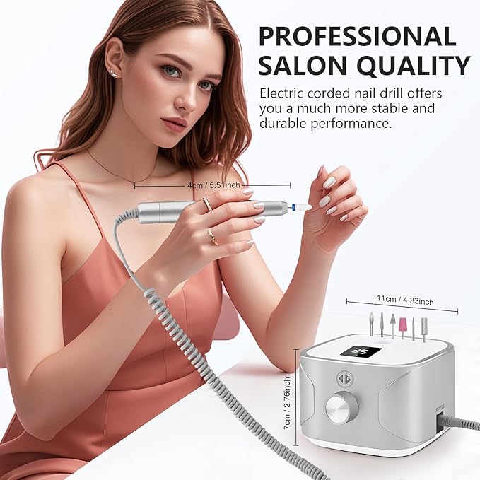 Kredioo Electric Nail Drill Professional for Salon Use 35000RPM Efile File Kit for Gel Nails Polish Remover with 11 Bits and Sanding Bands Build-in Bit Holder -Silver