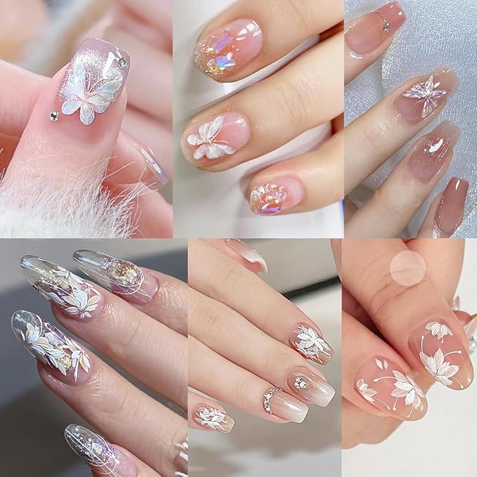 5D Embossed Spring Flower Nail Stickers, 4 Sheets Holographic Shiny Butterfly Nail Stickers, Cherry Blossom Nail Decals, Self-Adhesive Pegatinas para Uñas, Summer Floral Manicure Design