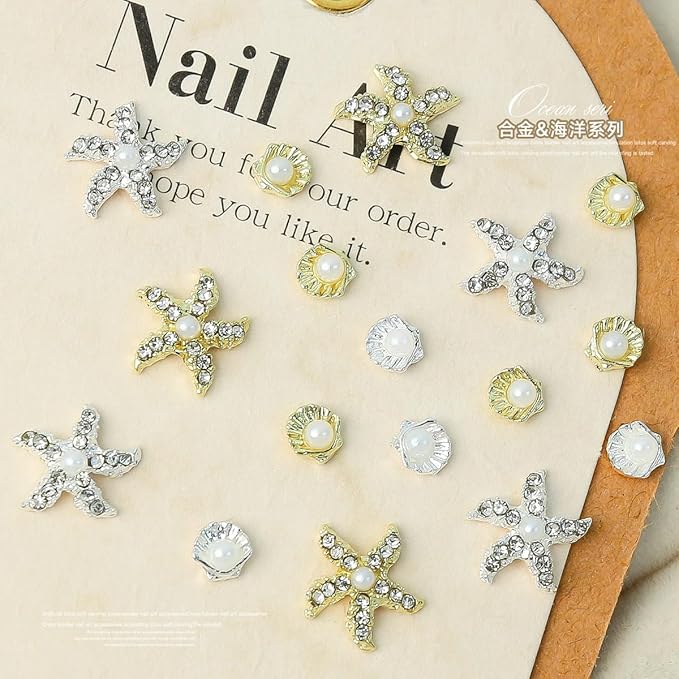 24Pcs Gold Silver 3D Mixed Color Starfish Nail Charms Alloy Summer Beach Nail Art Rhinestones Pearl Metallic Shell Nail Jewelry Ocean Theme Starfish Sea Series Nail Supplies Manicure Gems for Women