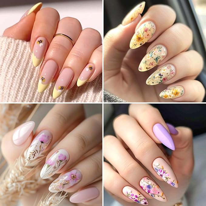Colorful Flowers Nail Art Stickers 3D Self-Adhesive Cute Flower Nail Decals with Gold Edge Designs Nail Stickers Photo Frame Floral Leaf Nail decal Butterfly Bee Nail Sticker for Women DIY Nails Decor