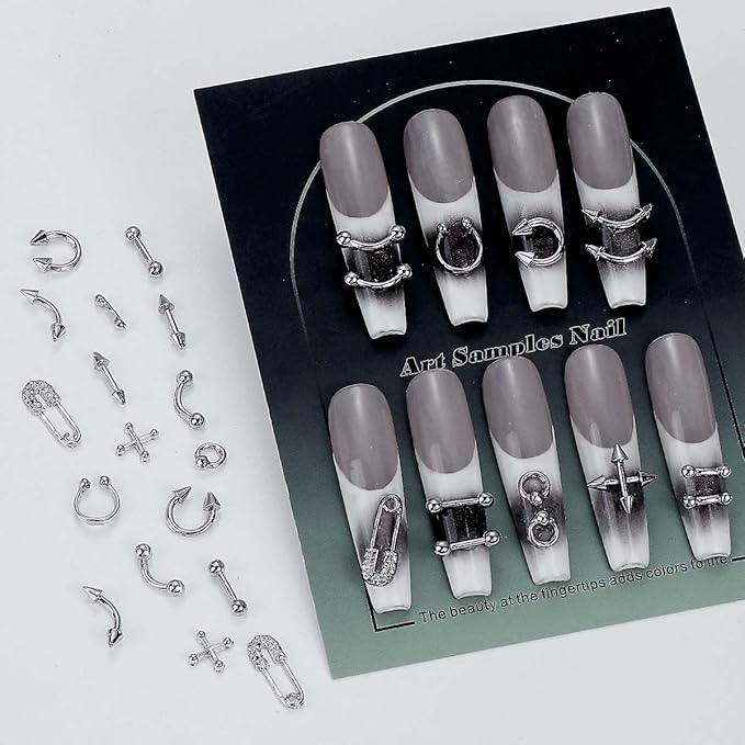 Metal Punk Nail Art Studs: 12 Grids Mixed Sizes Rivet Steel Beads Cross Nails Charms with Tweezers and Pen- Y2K Alloy Ring Gothic Nail Accessories for Women - DIY Craft Decoration Manicure Supplies