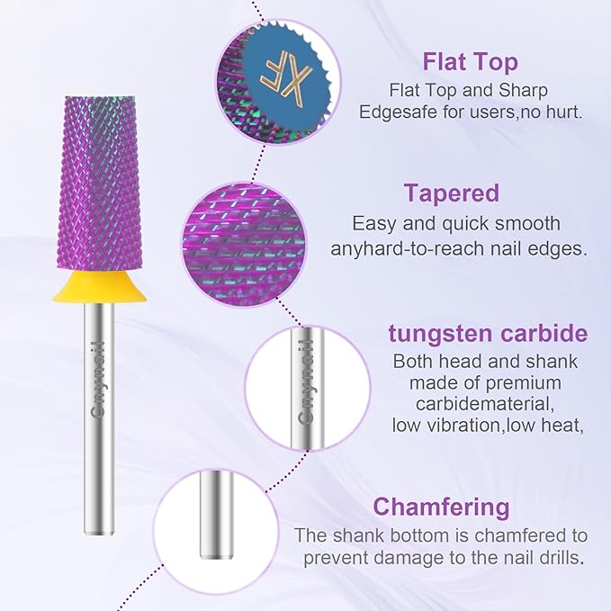 Cnynail 3/32" Large Tapered Barrel Flat Bit Tungsten Carbide Nail Drill Bit Safety Bit for Gel & Acrylic Removal, 2- Way Rotating Efile Tip, Salon Electric File Accessory (XF Girt, Purple)