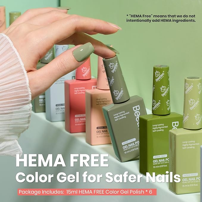 Beetles Gel Nail Polish Set Hema Free - 6 Colors Green Nude Natrual Pink Gel Polish Kit Soak Off Uv LED Nail Lamp 15ml DIY Home Manicure Salon Lakeside Serenity Gift for Women Girls