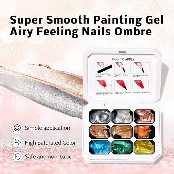 Sponge Pat Paint Nail Gel & Tools Kit, 9 Colors Ombre Nails Gradient Gel Nail Blush Blooming Aura Nails Drawing Stripper Floral Painting Nail Art, No Wipe, UV/LED Curing (9 Colors Set L)