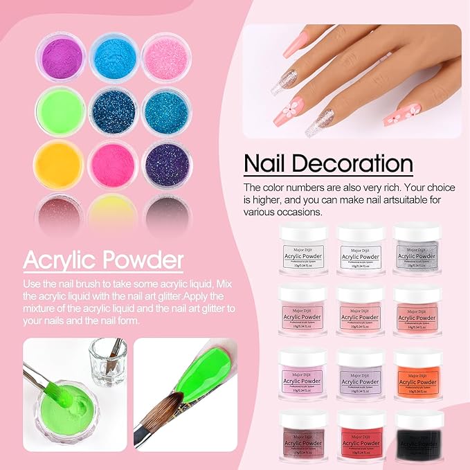 Major Dijit Complete Acrylic Nail Starter Kit with LED Lamp, 12 Colors Powder Acrylic Liquid Base/Top Coat Primer Electric Drill – DIY Nail Art Tools for Home & Salon