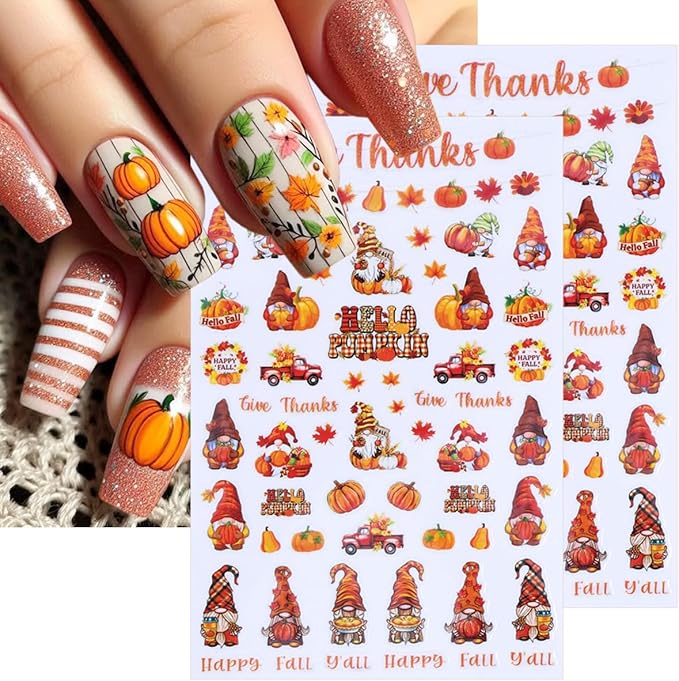 6 Sheets Fall Nail Stickers 3D Self-Adhesive Thanksgiving Nail Stickers with 5D Embossed Maple Leaf Nail Art Sticker Squirrel Pumpkin Leaves Design Autumn Nail Decals for Holiday Manicure Decorations