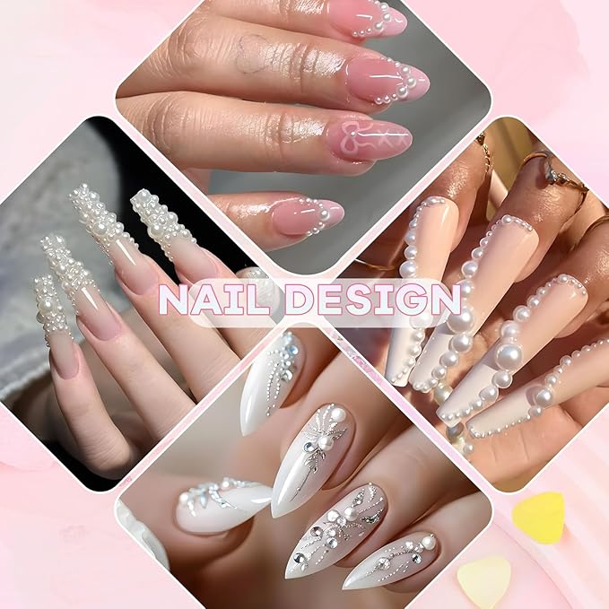 1 Box Nail Pearls Kit for Nail Art with Rhinestone Glue, White Pearl Nail Charms for Nails Design (Flatback+Round), Nail Charms and Gems for Manicure Decor with Pickup Pencil and Tweezers