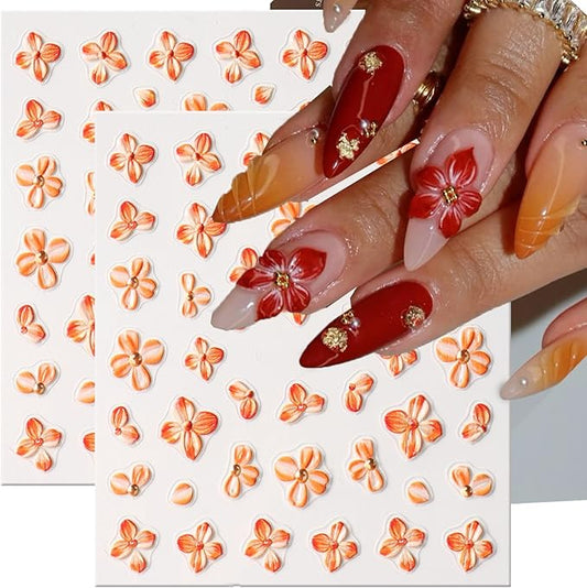 2Pcs Thanksgiving Nail Stickers Fall Decals for Nail Art Orange Flowers Nail Design White Flowers Nails Supplies 5D Embossed Yellow Flower Nials Acrylic Accessories for Women DIY Manicure Decoration