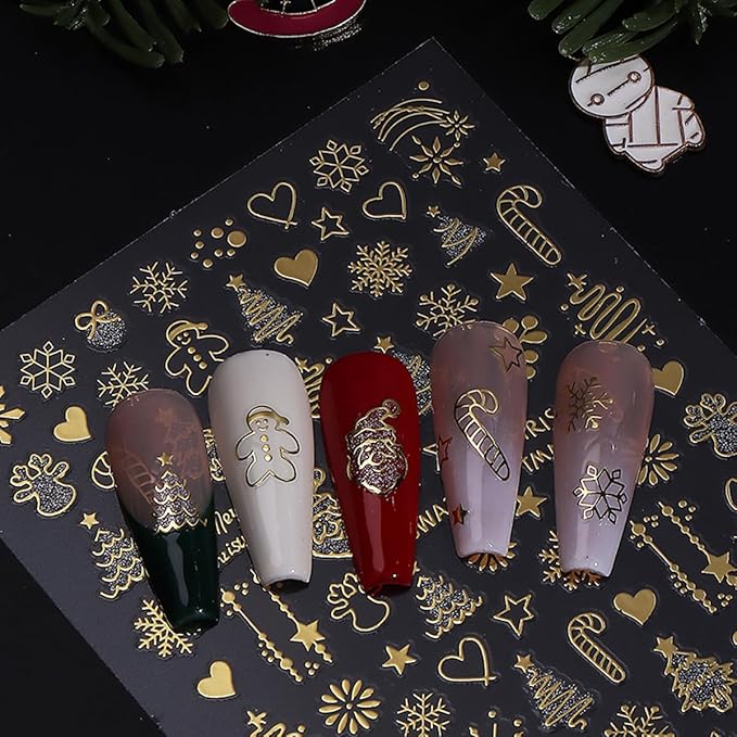 3 Sheets Christmas Nail Art Stickers Snowflake Nail Decals with Xmas Tree Elk Lanterns Design 3D Self-Adhesive Nail Stickers Acrylic Accessories Nail Supplies for Women DIY Christmas Decorations