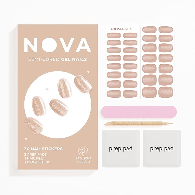 NOVA, Semi Cured Gel Nail Strips (Cashmere) - The 10 Minute Manicure. Salon-Quality, Female Founded, Works with Any Nail Lamp, Easy to Apply & Remove - Incl. Nail File & Wooden Stick (Cashmere)