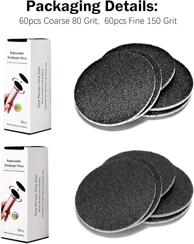 120pcs Replaceable Sandpaper Discs 80 Grit 150 Grit, Thick Self-Adhesive Replacement Sandpaper Refill Sanding Pads for Electric Foot Callus Remover Feet Sander (80 Grit +150 Grit)