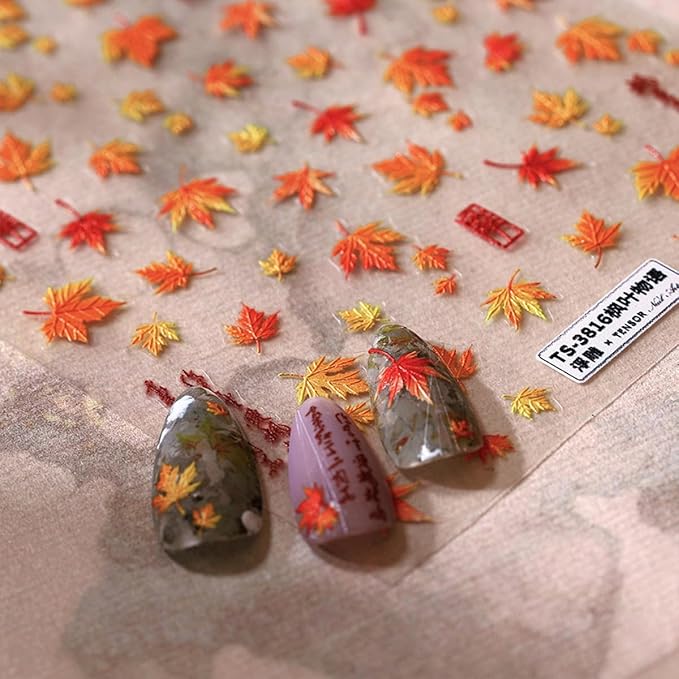 Autumn Maple Leaves Nail Stickers - 5D Embossed Thanksgiving Day Nail Art Decals, Gold Maple Leaf Fall Stickers, Self-Adhesive