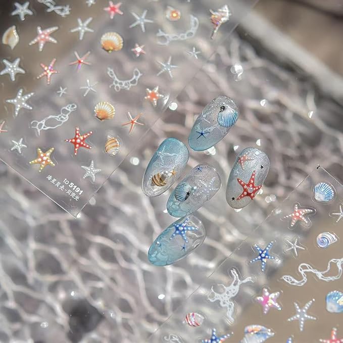 2 Sheets Colorful Starfish Nail Stickers Summer Nail Sticker for Nail Art 5D Self-Adhesive Nail Decals Ocean Nails Supplies Design Decoration Accessories for Women DIY Manicure Decoration