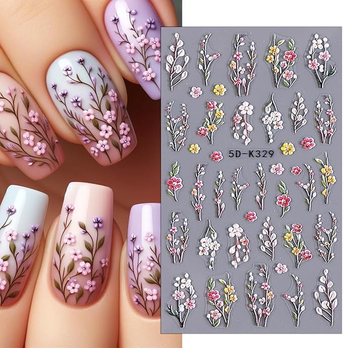 Purple Flower Nail Stickers - 5D Embossed Branch Flowers & Leaves DIY Nail Art Decals - Autumn Colorful Floral Designs for Women & Girls