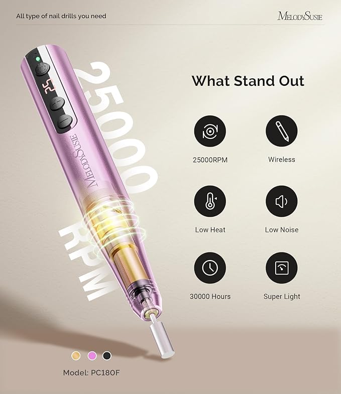 MelodySusie Pen-Shaped Portable CordlessNail Drill, PC180F 25000RPM RechargeableElectric File with LED Display for All NailCare, Manicure Shaping & Acrylic GelRemoval for Nail Artists DIY at Home