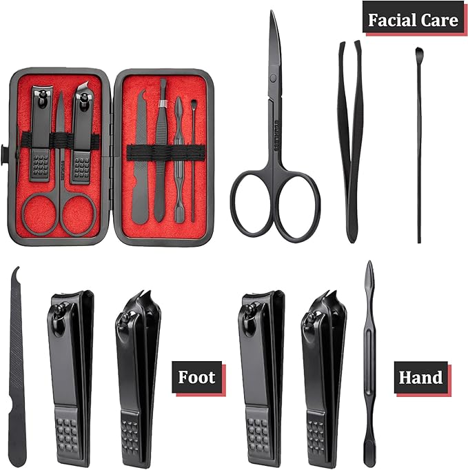 COSHAYSOO Christmas Stocking Stuffers Small Useful Funny Birthday Gifts for Dad Father in Law, 7 Pcs Travel Manicure Set with Black Case for Men Nail Clipper Grooming Kit Fingernail Care Tools