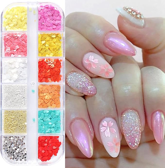 Flower Petals Glitter Nail Art Sequins, Mixed Floral Nail Flakes Beads Rhinestone Nail Art Design, 3D Flowers Acrylic Nails Supplies for Women Girls Manicure Charms Decorations, Flower Nail Art Tips
