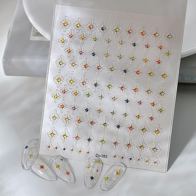Star Nail Art Stickers, Colorful Cross Star Rhinestones Gold + Jelly Nail Design Shiny Mini Stars Nail Art Supplies 5D Relief Self Adhesive Decor Sticker DIY French Manicure Decal for Women