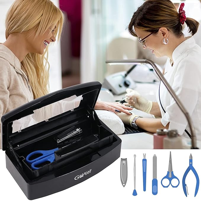 Gusnilo Nail Tool Sterilizer Box Plastic Disinfectant Container Barbicide Disinfectant Tray for Nail Tools, Tweezers, Hair Salon, Spa and Trimmer Manicure Equipment (Black)