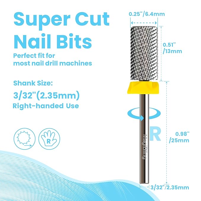 Super Cut Large Barrel Nail Drill Bits for Professional Users, 3/32'' Tungsten Carbide Bits, Upward Deep Cut for Removing Hard Gel Fast, Right Hand Use, Manicure Cuticle Gel Polishing, Extra Fine.