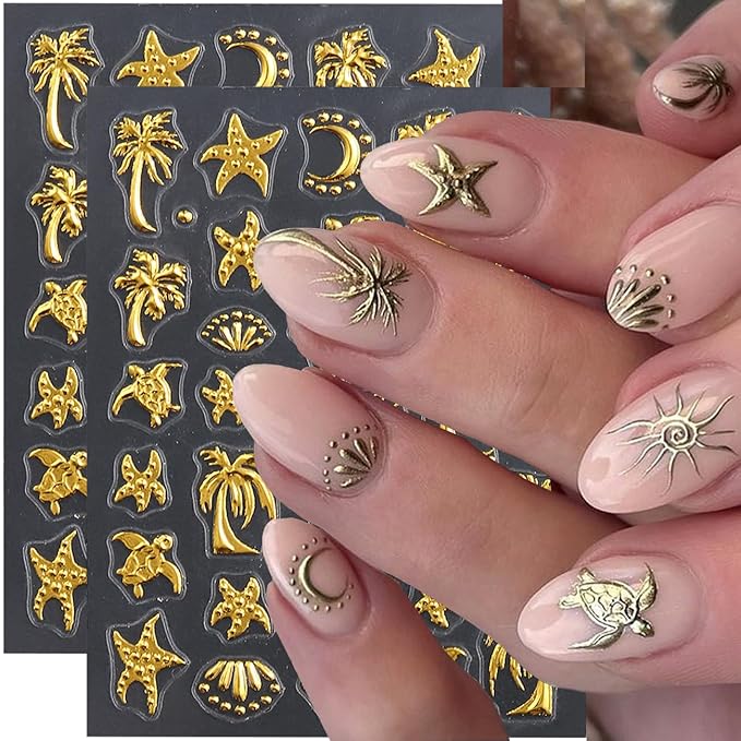 Summer Nail Art Stickers Decals Palm Tree Starfish 5D Embossed Nail Decals 2PCS Golden Coconut Tree Turtle Moons Summer Nails Design Adhesive Sticker Nail Art Supplies for Women Manicure Decorations