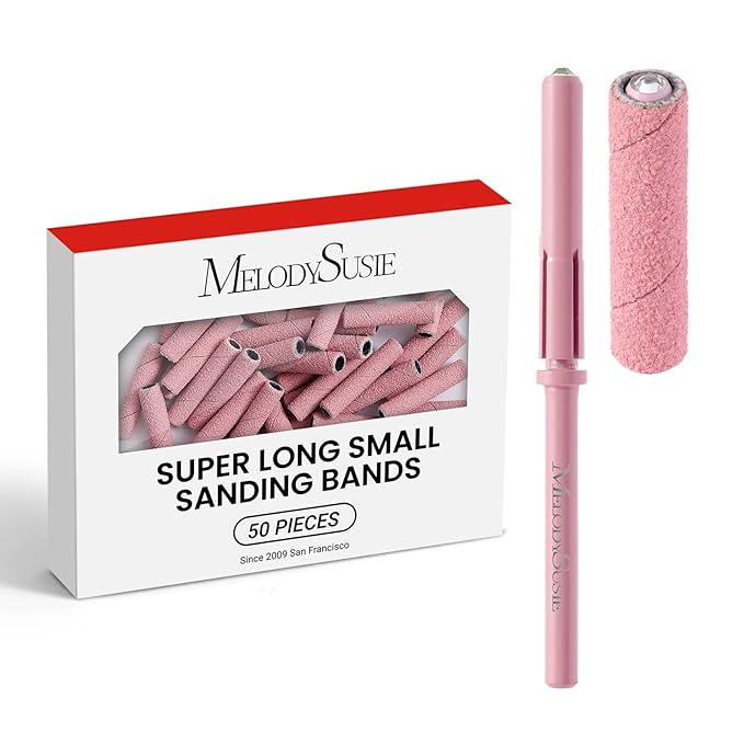 MelodySusie 50 Pcs Nail Drill Bits Super Long Small Sanding Bands with 3.1mm Crystal Mandrel Bit, 180 Fine Grit Nail File for Acrylic Nails Gel Manicures and Pedicure, Pink