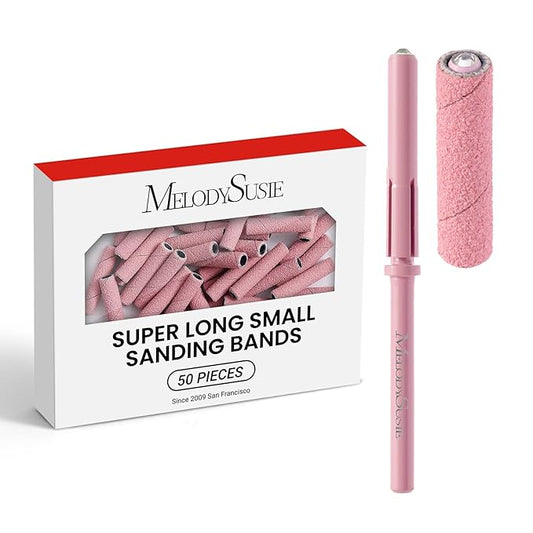 MelodySusie 50 Pcs Nail Drill Bits Super Long Small Sanding Bands with 3.1mm Crystal Mandrel Bit, 180 Fine Grit Nail File for Acrylic Nails Gel Manicures and Pedicure, Pink
