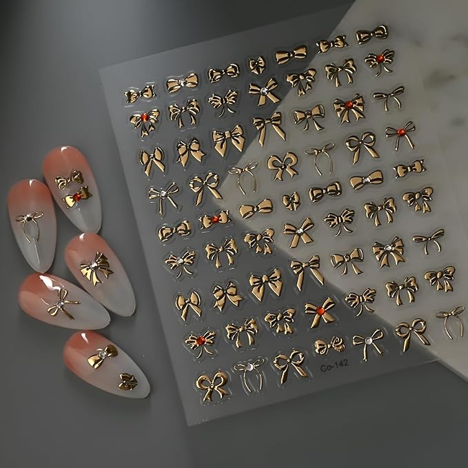 Gold Nail Stickers Gold Bow Nail Stickers for Nail Art 5D Self-Adhesive Nail Decals with Rhinestones Design Bow Nails Art Supplies Decoration Accessories for Women and Girls