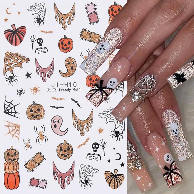 6 Sheets Cute Halloween Nail Art Stickers Evil Pumpkin Ghost Nail Stickers 3D Self-Adhesive Goth Skeleton Spider Web Bat Nail Decals Gothic Halloween Nail Decorations for Acrylic Nail Supplies