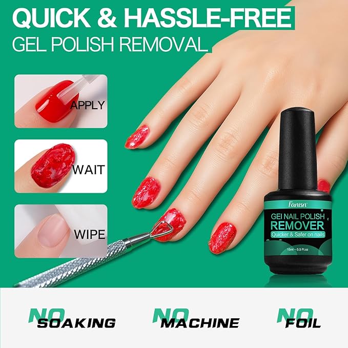 Gel Nail Polish Remover Kit with Tools, Quick Removal in 2-5 Mins, No Foil/Soaking Needed, Includes Cuticle Pusher & Nail File, No Acetone for Home DIY, Safe for Natural Nails
