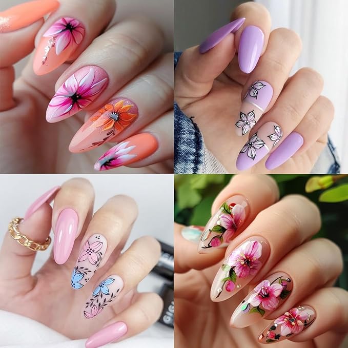6Sheets Flower Nail Stickers Retro Style Floral Nail Art Stickers Spring Summer Nails Decals Cherry Blossom Kapok Daisy Nails Design Supplies Colorful Flower Sticker for Women Acrylic Manicure Decor
