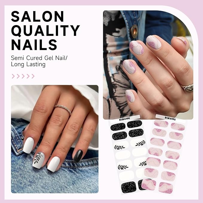 Semi Cured Gel Nail Strips 2 Set, (Black Leaves,Gilded Pink) 56 Pcs Gel Nail Wraps Stickers for Women DIY Gift, Works with Any UV Lamps,Long Lasting,Salon-Quality, Easy to Apply
