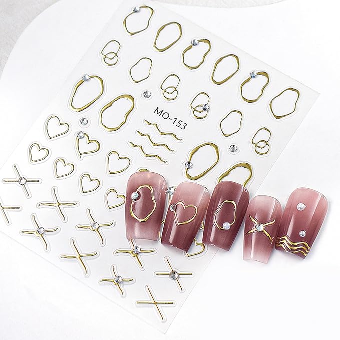 2 Sheets Irregular Bronzing Nail Art Stickers 3D Self Adhesive Gold Silver Frame Nail Stickers with French Line Rhinestone Nail Decals Circle Engraved Manicure Decals for Women Girls Nail Decorations