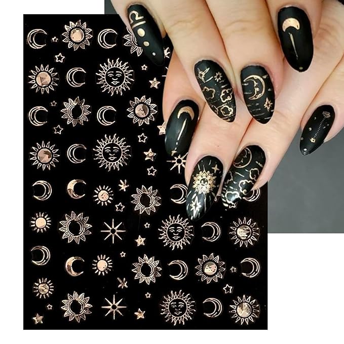 Gold Sun Nail Art Stickers - Sliver Moon Star Self-Adhesive 3D Nail Decals for DIY Golden Slivery Manicure (6 Sheets)