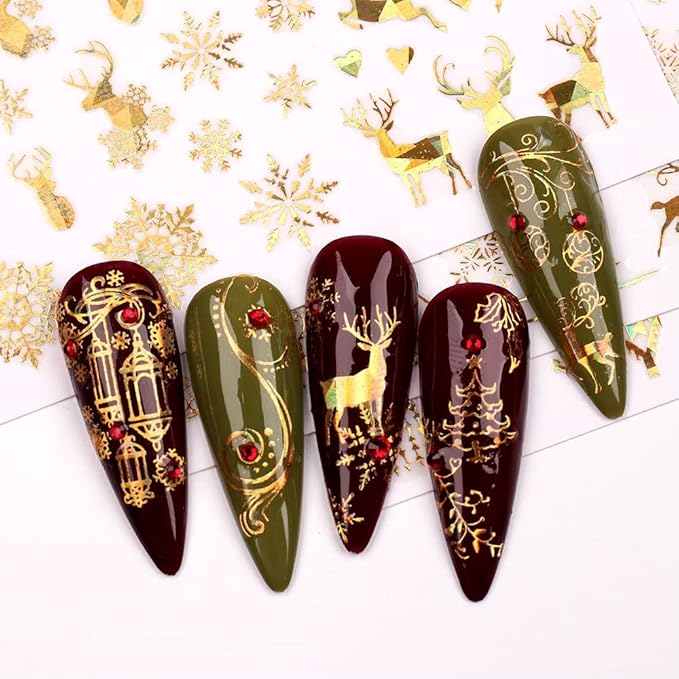 9 Sheets Christmas Nail Art Stickers Decals Self-Adhesive Pegatinas Uñas Holiday Glod Laser Snowflakes Snowman Nail Supplies Nail Art Design Decoration Accessories
