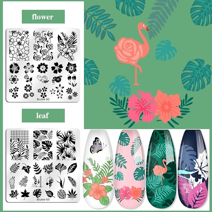 Biutee Nail Stamper Kit 15pcs Nail Art Stamp Plate 8pcs Stamp Gel Polish 1pcs Nail Stamper Scraper Set with Storage Bag, Nail Stamp Template Kit Flower Lace Animal Star Halloween Christmas Design