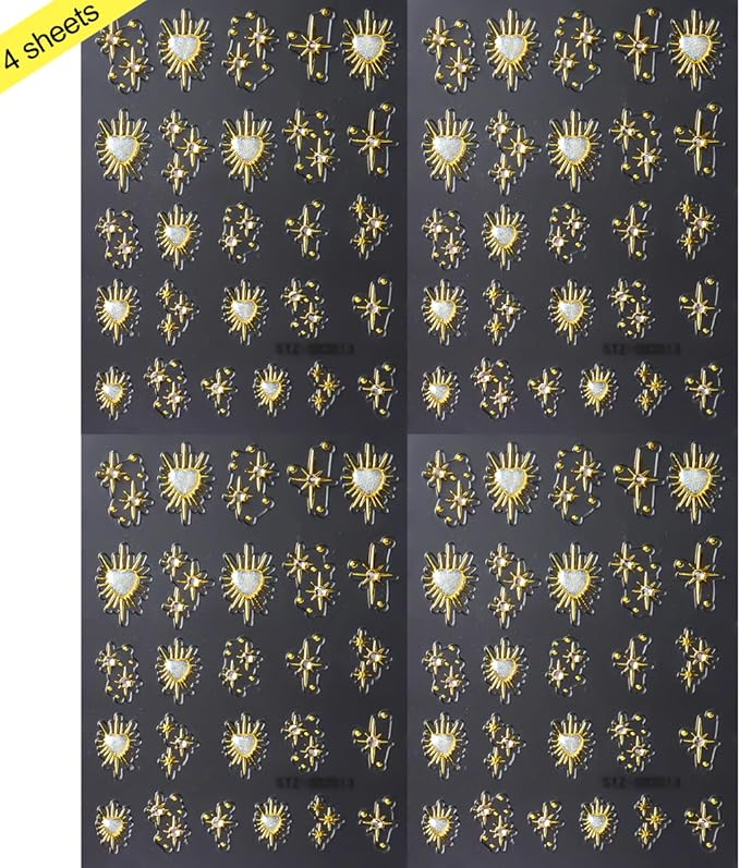 4Pcs Star Nail Decals Embossed Star Nail Art Stickers 5D Self-Adhesive Gold Bronzing Cross Starlight with Heart Rhinestones Nail Design Stickers Luxury Decals for Women Girls Manicure Decoration