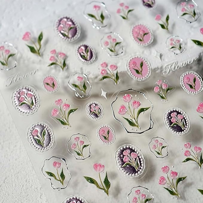 1Pcs Tulip Nail Art Stickers 5D Embossed Flower Nails Decals Silver Hot Stamping Irregular Geometric Frames Design Pink Flower Nail Stickers Self Adhesive Floral Nails Supplies for Women Manicure