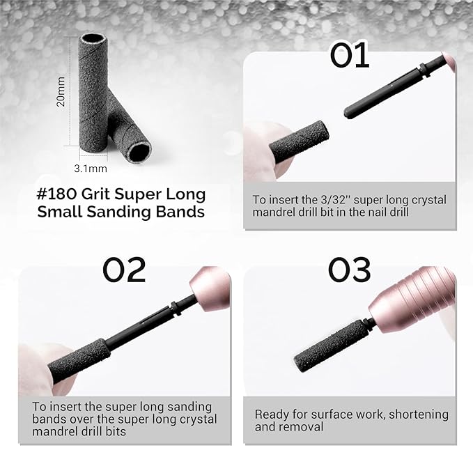 MelodySusie 50 Pcs Nail Drill Bits Super Long Small Sanding Bands with 3.1mm Crystal Mandrel Bit, 180 Fine Grit Nail File for Acrylic Nails Gel Manicures and Pedicure, Black