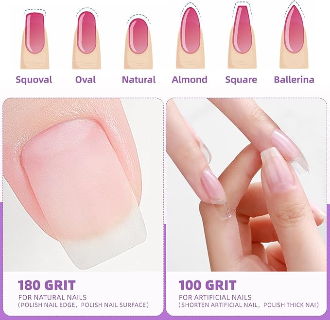 100 Pcs Nail Buffers, 100/180 Grit Mini Buffers for Nails, Nail Buffer Block Bulk, Double Sided Sponge Buffer Nail File for Processional Nail Salon (Pink & Purple)