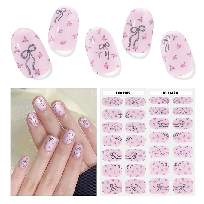Semi Cured Gel Nail Strips,28 PCS Gel Nail Stickers |Wraps (Cute Bow),Long Lasting Stickers with UV Light Required,Easy to Apply