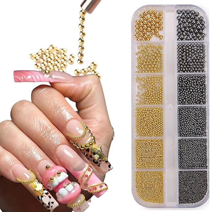 0.8mm Caviar Beads for Nails 6 Sizes Mini Small Stainless Steel Beads Nails Art Decorations Gun Grey Silver Charm 2mm Gold Chain DIY Tool Nail Studs Accessories Black Charms for Nails (Black)