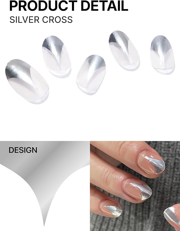 UUUUUU Semi Cured Gel Nail Strips | Salon-Quality | UV Free Gel Nail Wraps for Women | Easy Peel&Stick | Long-Lasting up to 14 Days | 28 Strips Set+File & Wipes | Gift-Ready(UGN123 Silver Cross)